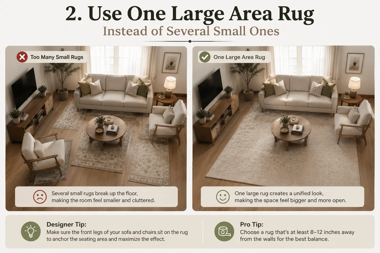2. Use One Large Area Rug Instead of Several Small Ones