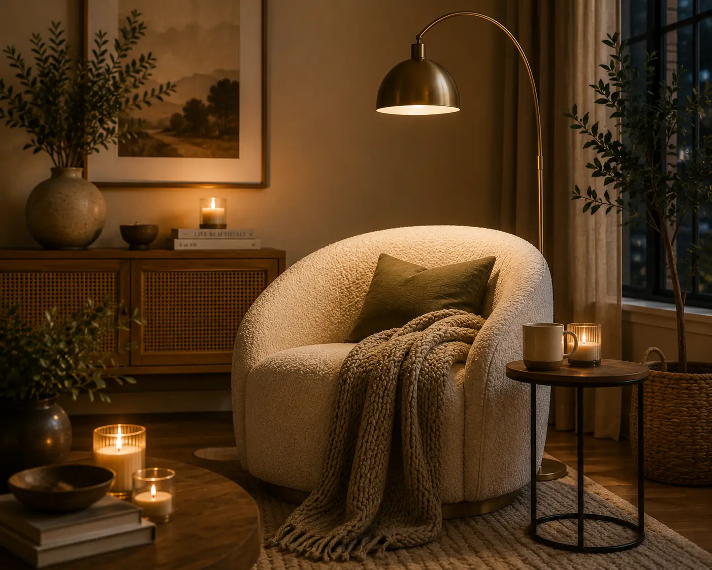 Cozy living room with a stylish bouclé accent chair.