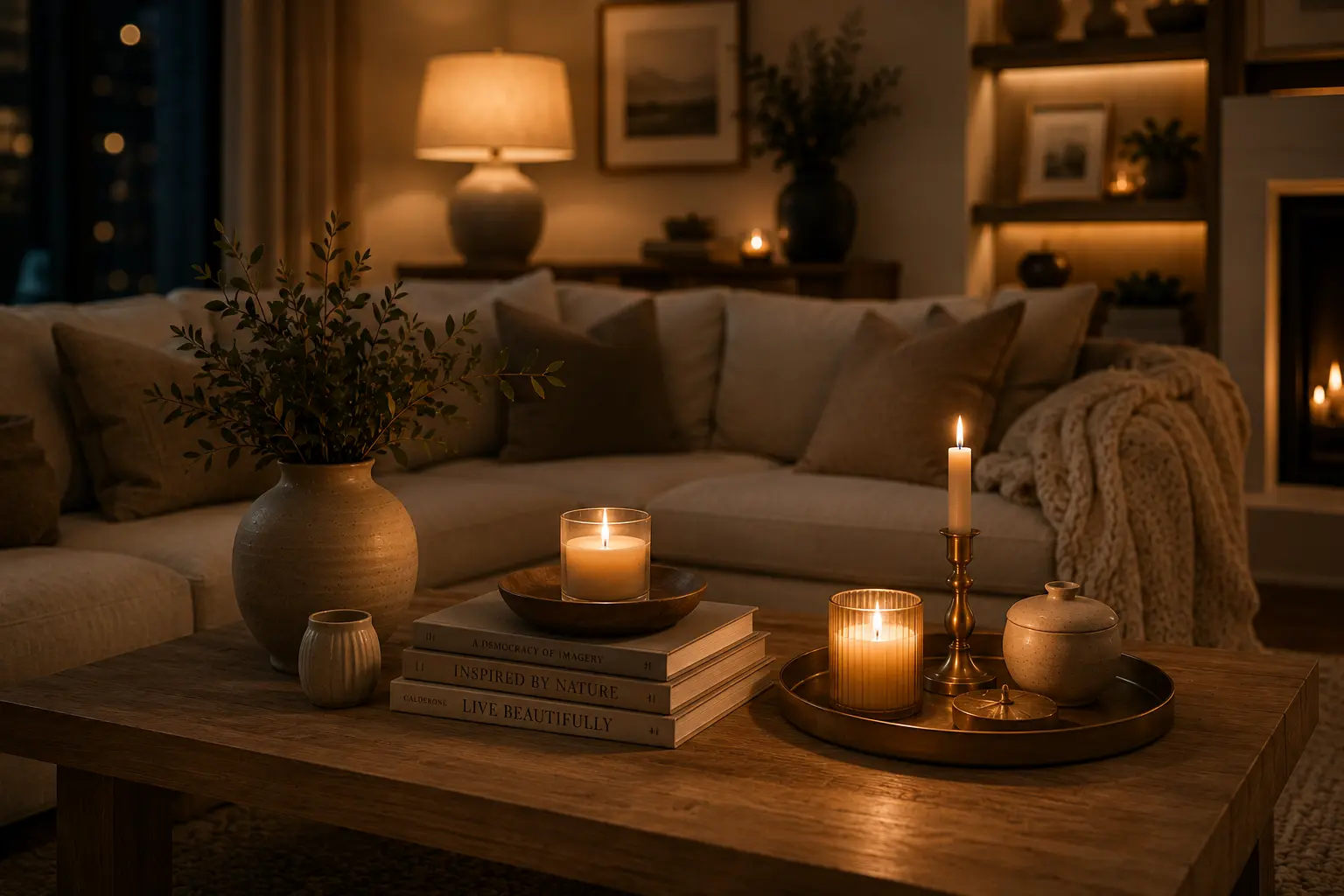 Warm living room decorated with candles and ambient lighting.