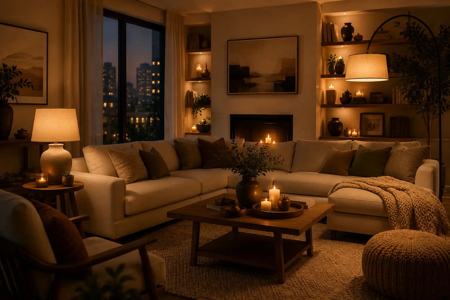 Cozy living room with layered warm lighting and soft ambient lamps.