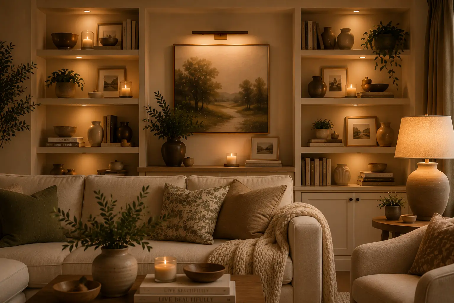 Cozy living room bookshelf decorated with books, candles, and ceramic accessories.