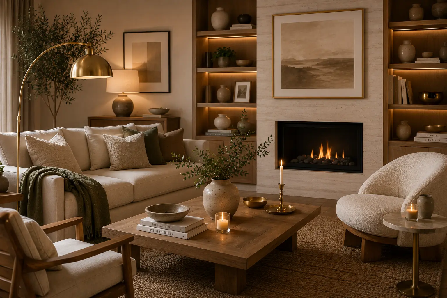 Cozy living room featuring natural wood, stone, linen, and brass accents.